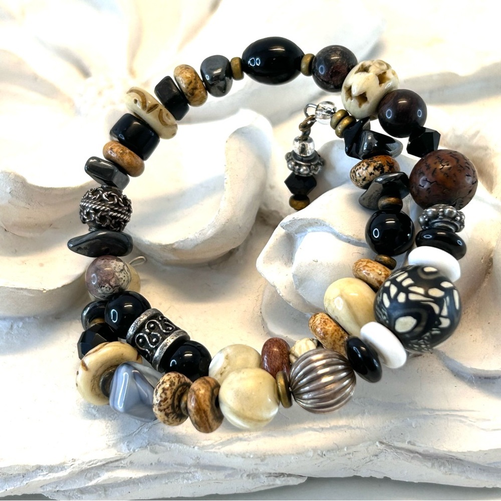 Bohemian Coil Bracelet Natural and Carved Beads